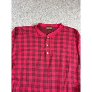 Vintage 80s Eddie Bauer Henley Shirt Mens Red Buffalo Plaid Workwear Outdoor XL
